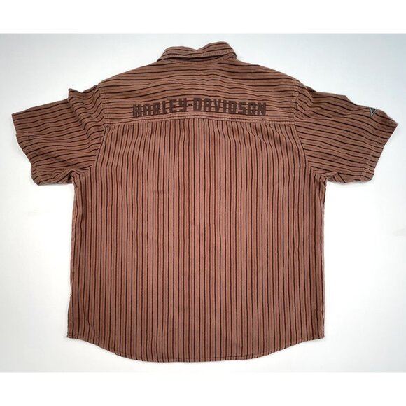 HARLEY-DAVIDSON Mens LARGE Brown Stripe Embroidery Spell-Out Button-Up S/S SHIRT - Picture 6 of 11